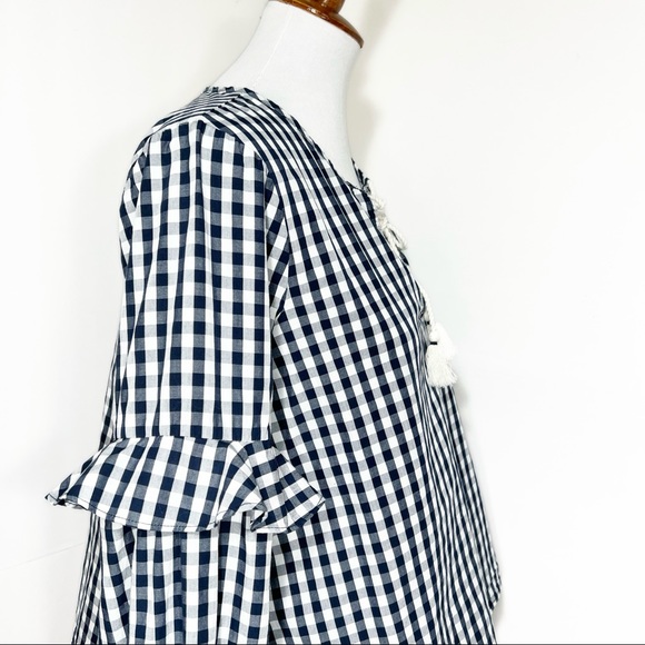 Splendid Navy Gingham Check Ruffled Tie Neck Navy White Long Sleeve Peasant Top - Picture 4 of 10